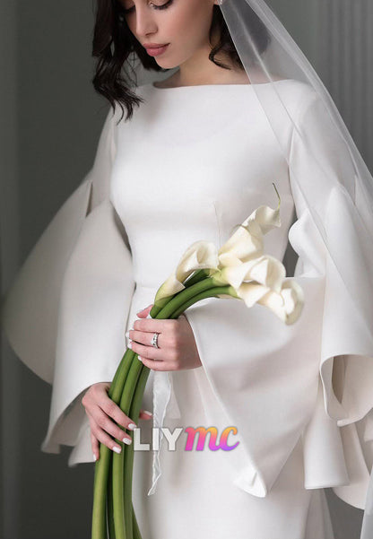 Bateau Long Sleeves Sleek Satin Sheath Wedding Dress