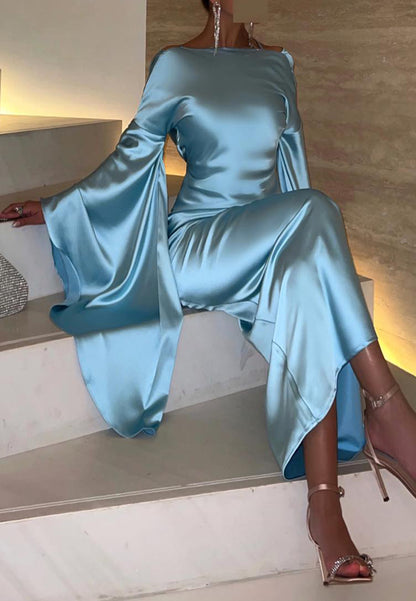 Bateau Long Sleeves Sleek Silk Mermaid Formal Dress