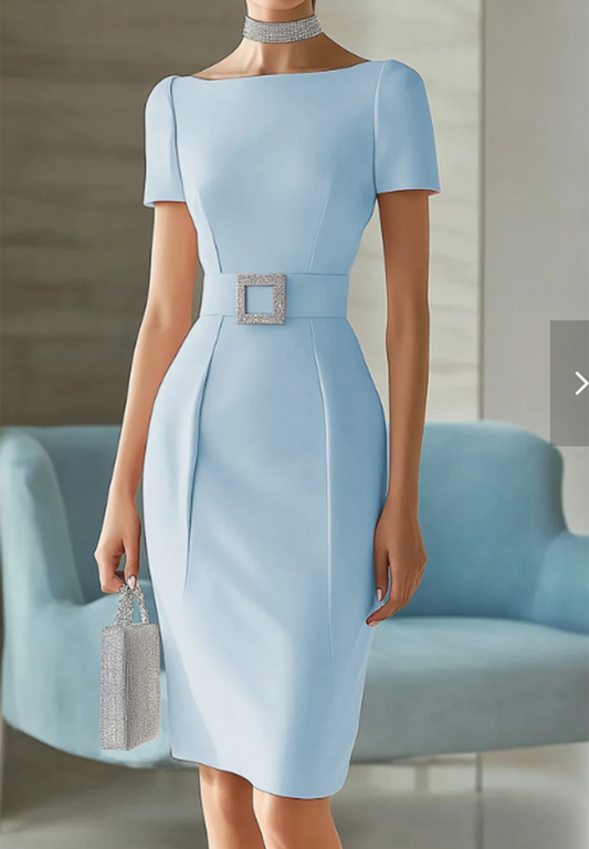 Bateau Short Sleeves Belt Sheath Work Dress