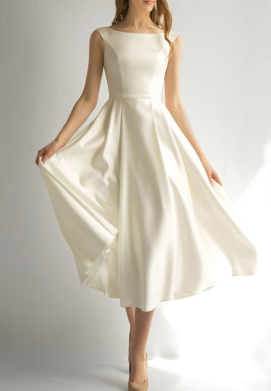 Bateau Sleeveless Sleek Pleated Satin Midi Wedding Dress