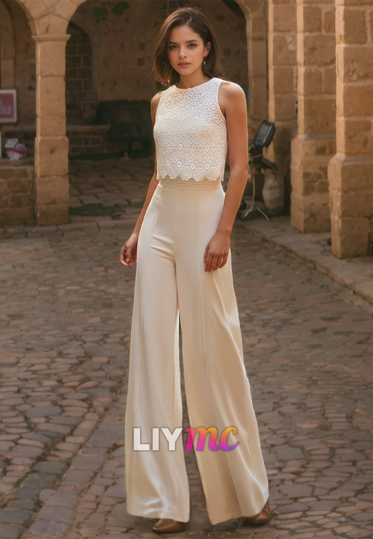 Bateau Sleeveless Appliques Jumpsuit Wedding Dress