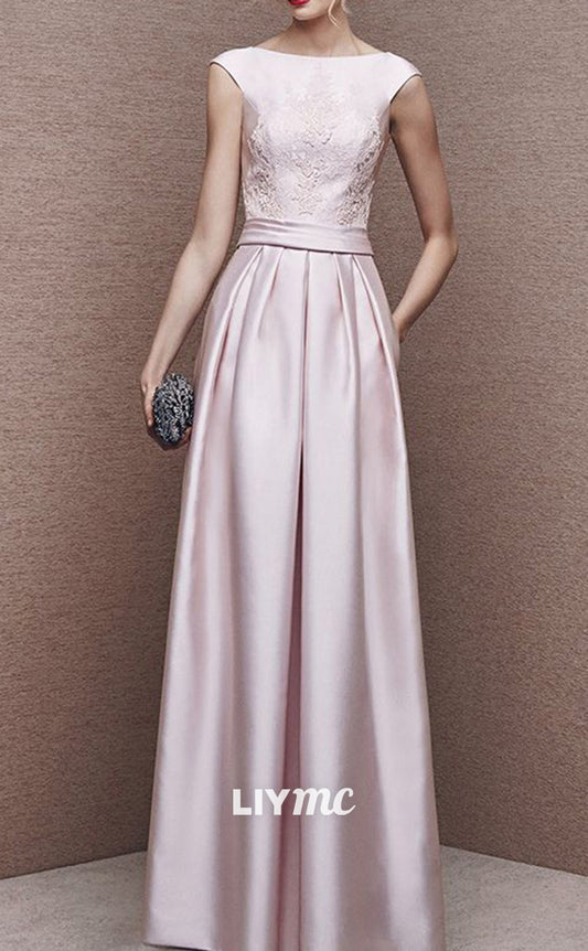 M1115 - Bateau Sleeveless Appliques Pleated A-Line Sleek Satin Wedding Guest Dress