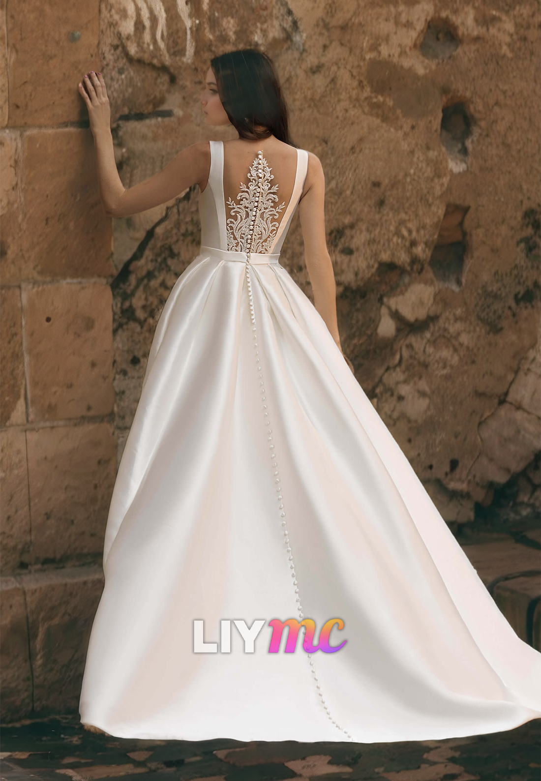 Bateau Sleeveless Appliques Pleated Satin A-Line Wedding Dress