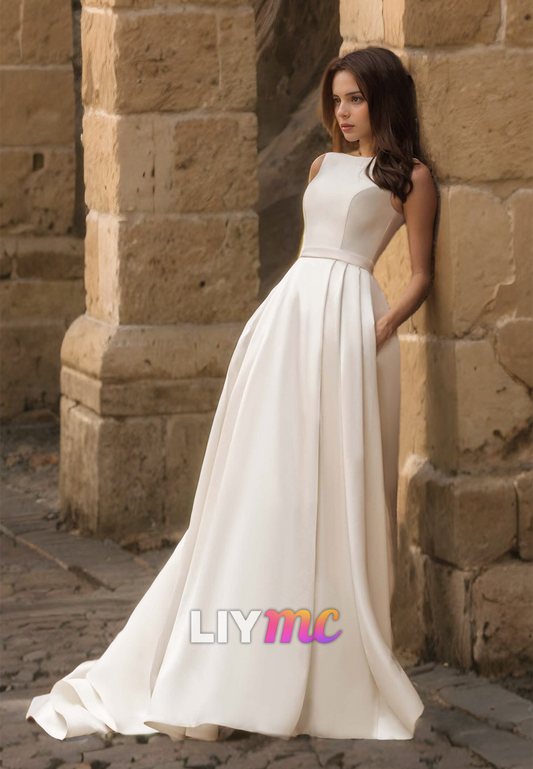 Bateau Sleeveless Appliques Pleated Satin A-Line Wedding Dress