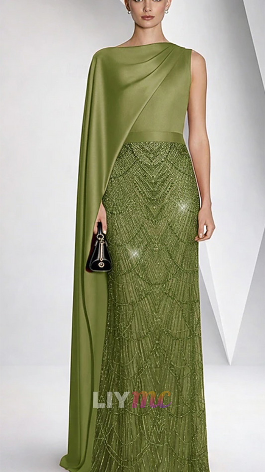 Bateau Sleeveless Beaded Embroidery Sheath Mother of Bride Dress