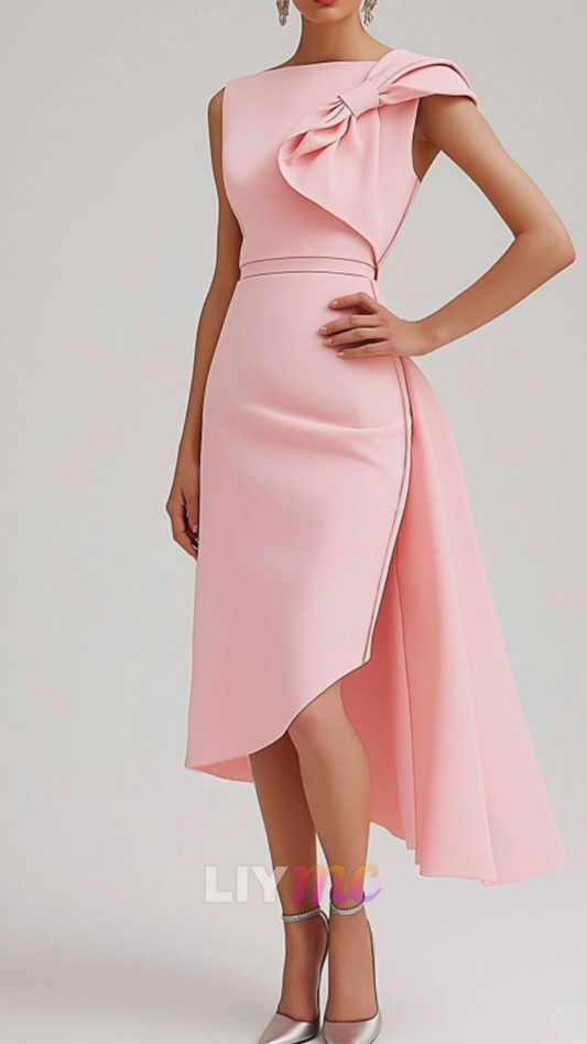 Bateau Sleeveless Bow Pink Sheath Wedding Guest Dress