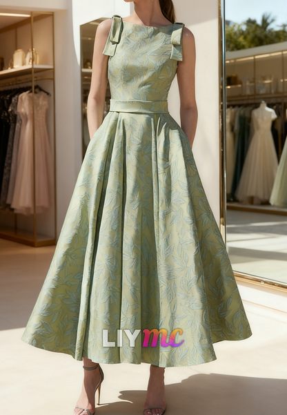 Bateau Sleeveless Floral Printed A-Line Midi Mother of Bride Dress