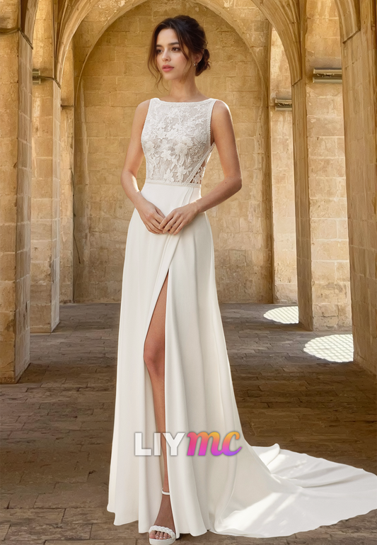 Bateau Sleeveless Lace Appliques Backless A-Line Wedding Dress