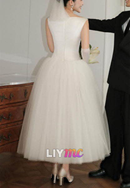 Bateau Sleeveless Pleated Tulle A-Line Wedding Dress