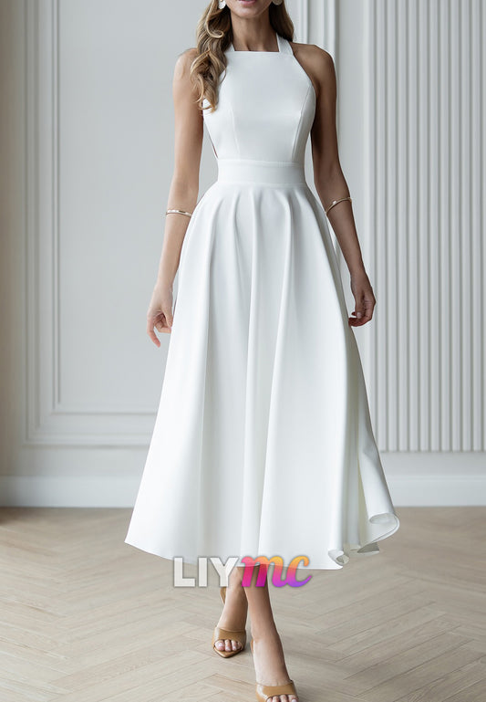 Bateau Sleeveless Sleek Pleated A-Line Midi Wedding Dress