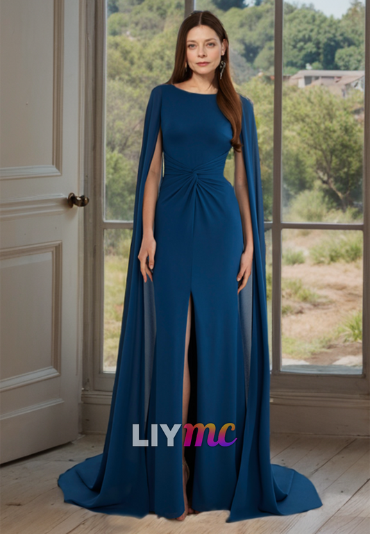 Bateau Sleeves Ruched Side Slit Mother of Bride Dress