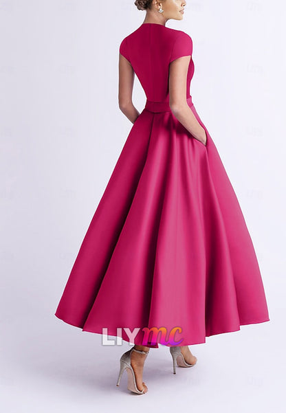 Wedding A-Line Cocktail Dresses Elegant Dress Party Tea Length Sleeveless V Neck Pocket Satin