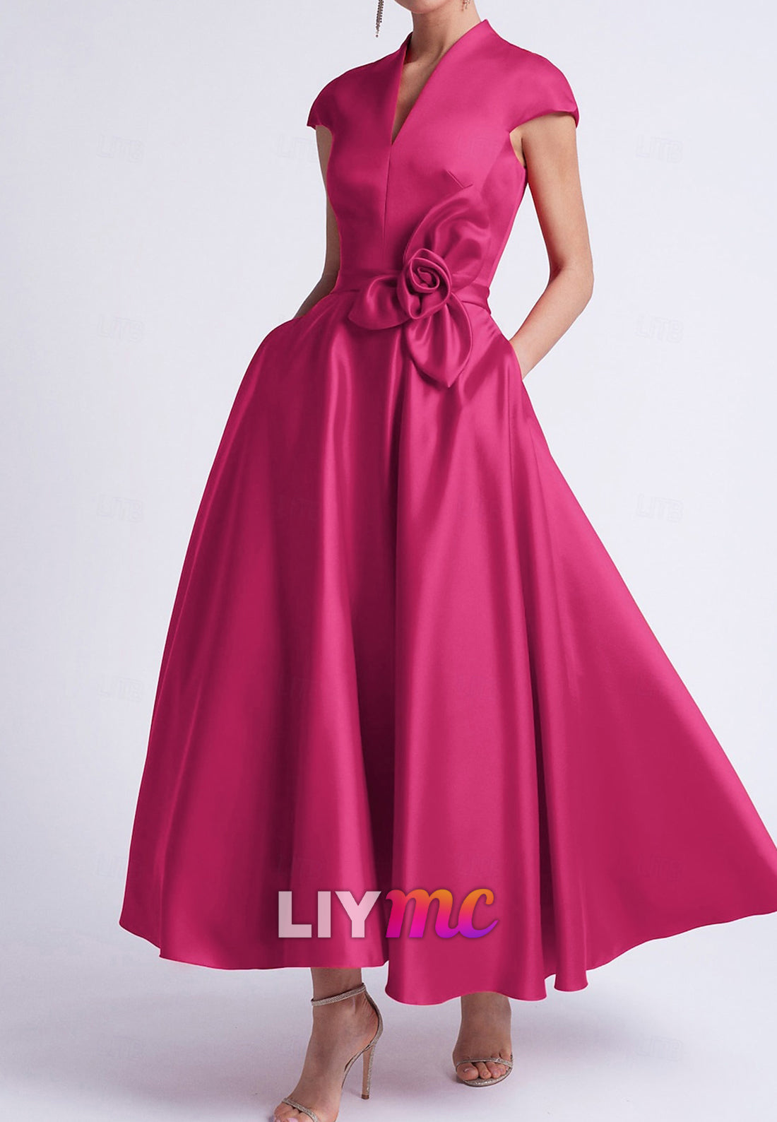 Wedding A-Line Cocktail Dresses Elegant Dress Party Tea Length Sleeveless V Neck Pocket Satin