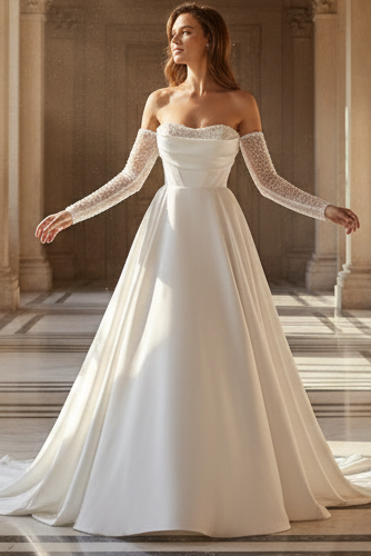Beaded Satin A-Line Wedding Dress with Detachable Sleevees