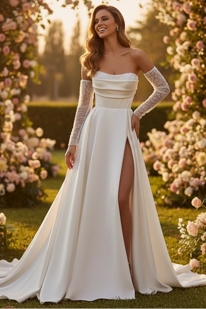 Beaded Satin A-Line Wedding Dress with Detachable Sleevees