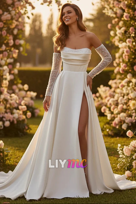 Beaded Satin A-Line Wedding Dress with Detachable Sleevees