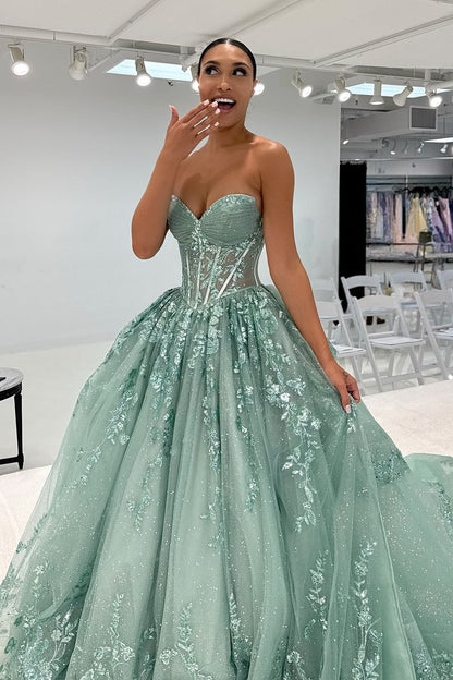 Beautiful A Line Sweetheart Green Corset Prom Dress with Appliques