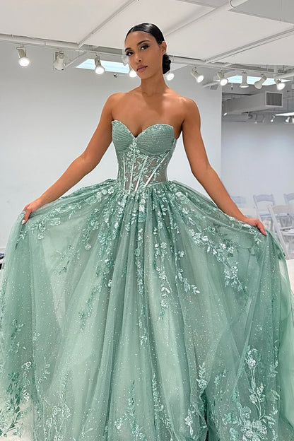 Beautiful A Line Sweetheart Green Corset Prom Dress with Appliques