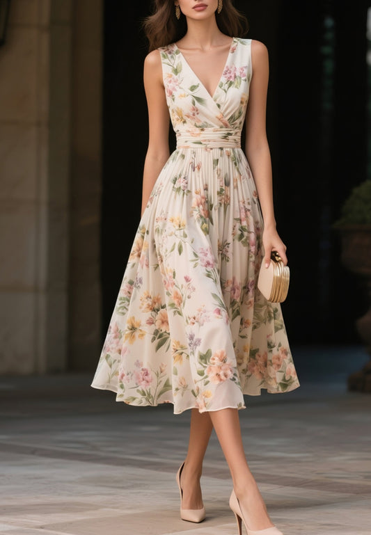 Beige Ruched Floral Chiffon V Neck Sleeveless A-Line Midi Dress