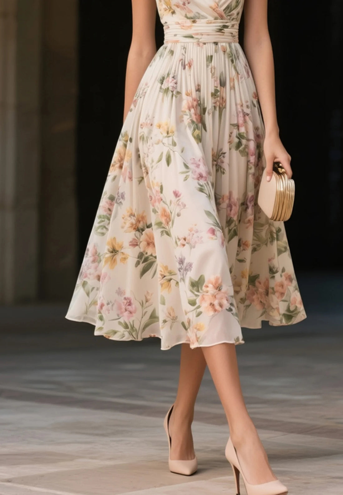 Beige Ruched Floral Chiffon V Neck Sleeveless A-Line Midi Dress