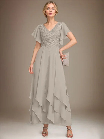 A-line V-Neck Ankle-Length Lace Chiffon Mother of the Bride Dress With Cascading Ruffles