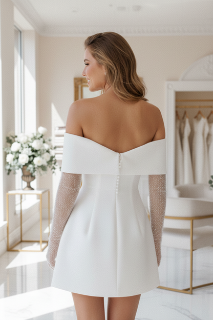 Off Shoulder Satin Mini Wedding Dress with Sleeves