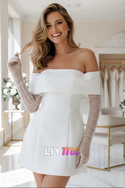 Off Shoulder Satin Mini Wedding Dress with Sleeves