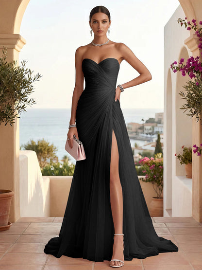 Strapless Sweetheart High Slit Tulle Pleat Prom Dress Evening Dresses