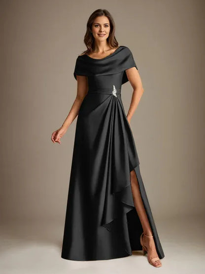 A-Line Scoop Floor-Length Stretch Satin Mother of the Bride Dress With Cascading Ruffles