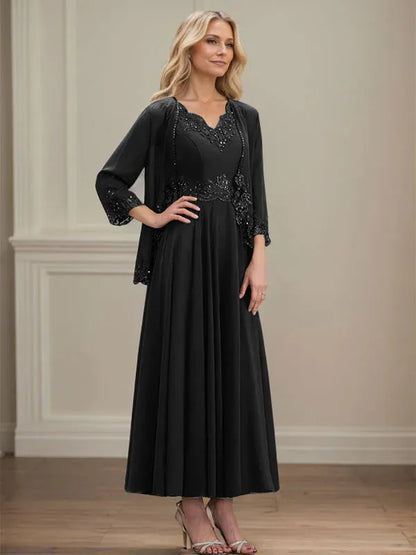 A-line V-Neck Ankle-Length Chiffon Mother of the Bride Dress With Sequins Appliques Lace Beading
