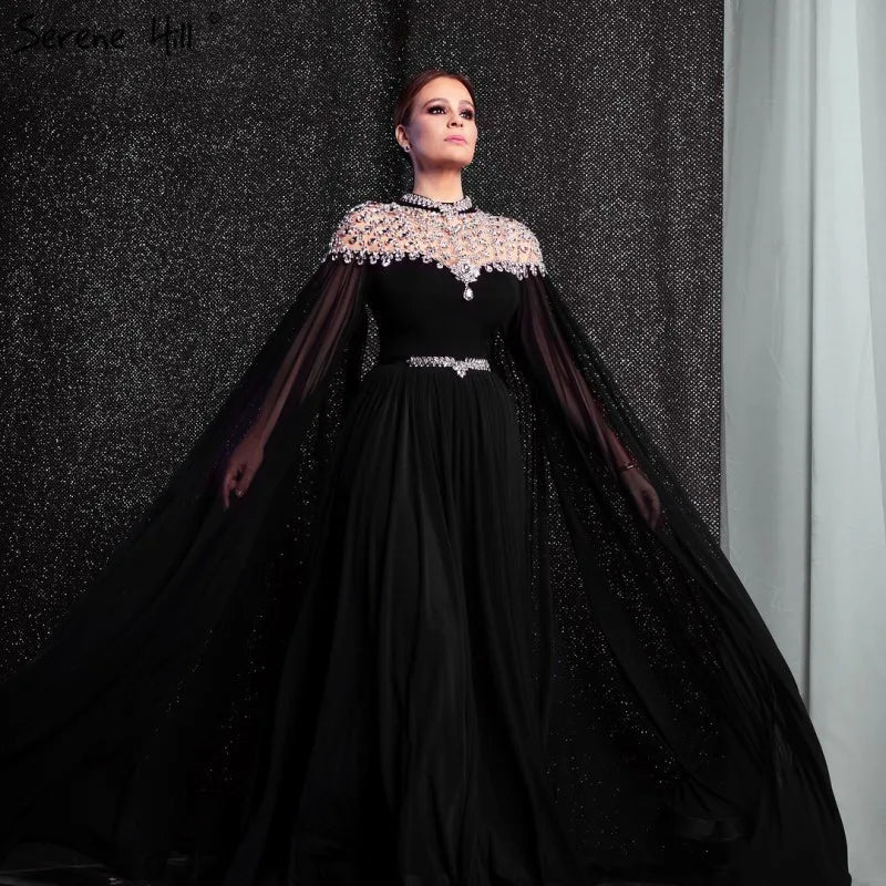 Black Diamond Caple Sleeves Chiffon Evening Dress Dubai Design High Neck  Gowns
