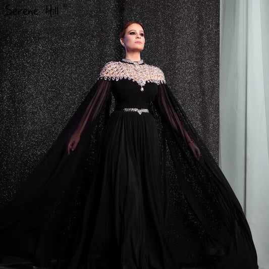 Black Diamond Caple Sleeves Chiffon Evening Dress Dubai Design High Neck  Gowns