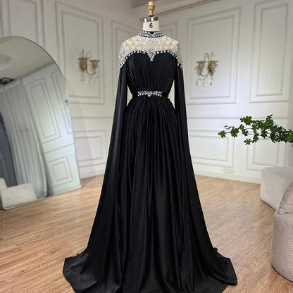 Black Diamond Caple Sleeves Chiffon Evening Dress Dubai Design High Neck  Gowns