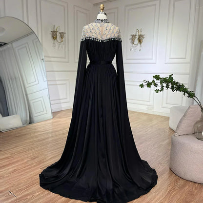 Black Diamond Caple Sleeves Chiffon Evening Dress Dubai Design High Neck  Gowns