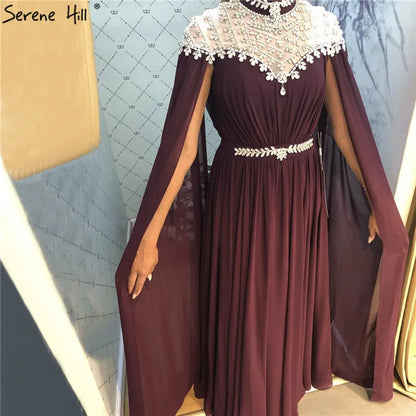 Black Diamond Caple Sleeves Chiffon Evening Dress Dubai Design High Neck  Gowns