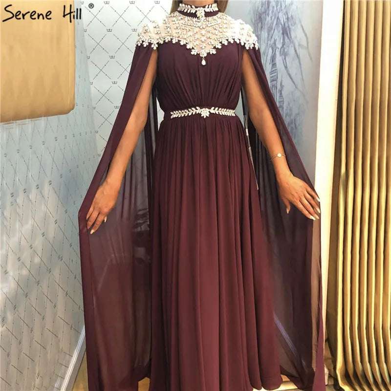 Black Diamond Caple Sleeves Chiffon Evening Dress Dubai Design High Neck  Gowns