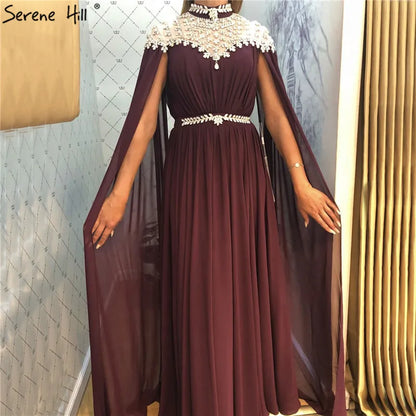 Black Diamond Caple Sleeves Chiffon Evening Dress Dubai Design High Neck  Gowns