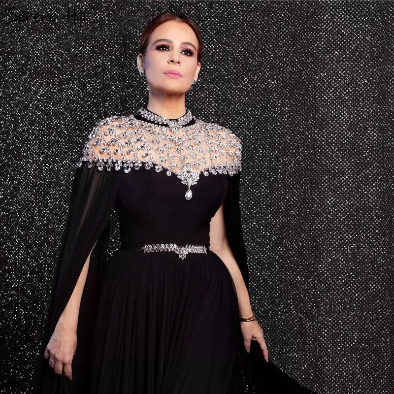 Black Diamond Caple Sleeves Chiffon Evening Dress Dubai Design High Neck  Gowns