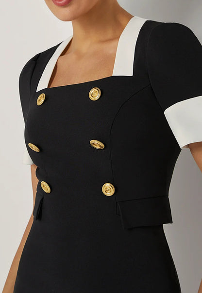 Black Buckle Blazer Square Neck Short Sleeve Sheath Midi Dress