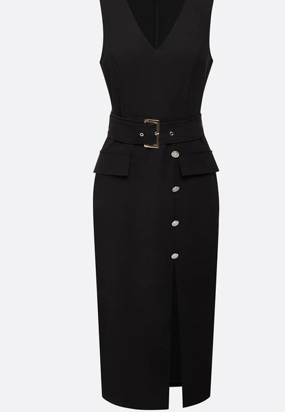 Black Buckle Slit Classic V Neck Sleeveless Sheath Midi Dress