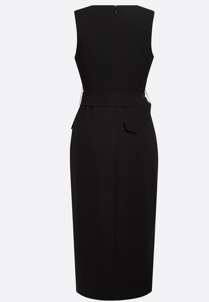 Black Buckle Slit Classic V Neck Sleeveless Sheath Midi Dress