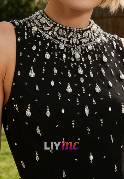 Black High Neck Sleeveless Beaded Jersey Fitted Evening Gown