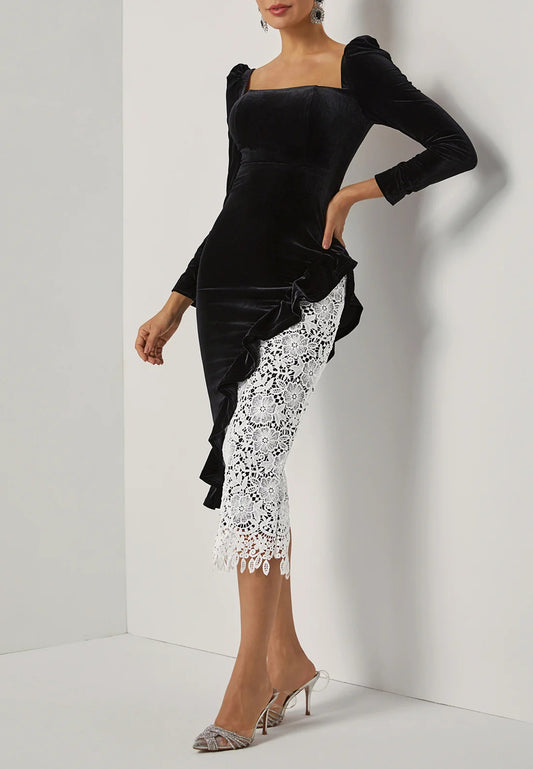 Black Lace Ruffled Velvet Square Neck Long Sleeve Sheath Midi Dress