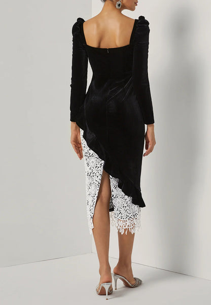 Black Lace Ruffled Velvet Square Neck Long Sleeve Sheath Midi Dress