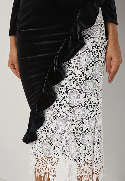 Black Lace Ruffled Velvet Square Neck Long Sleeve Sheath Midi Dress