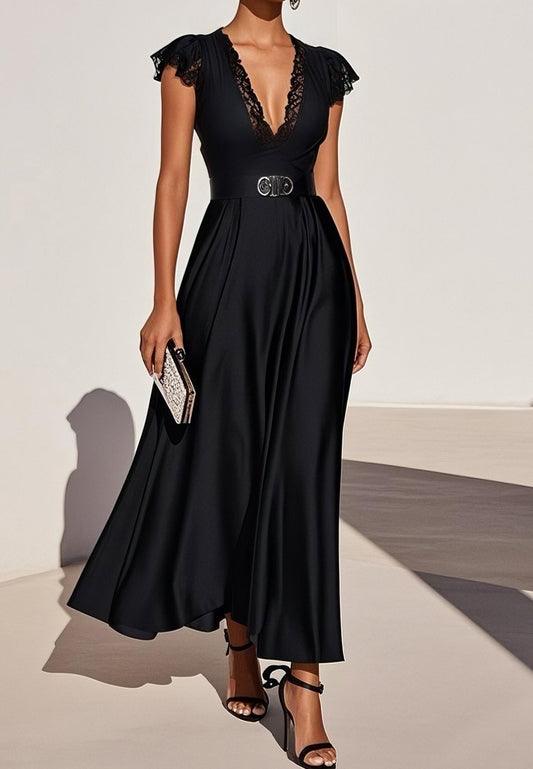 Black Lace Satin V Neck Short Sleeve A-Line Midi Dress