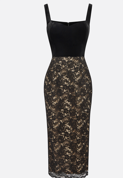 Black Lace Sweetheart Neckline Sheath Midi Velvet Dress
