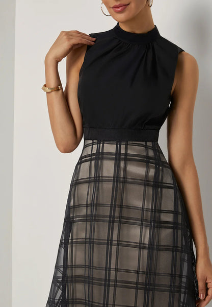 Black Organza Classic Crew Neck Sleeveless A-Line Midi Dress
