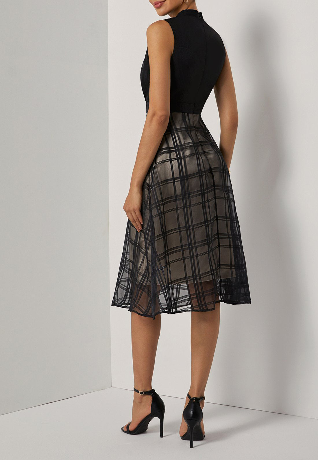 Black Organza Classic Crew Neck Sleeveless A-Line Midi Dress