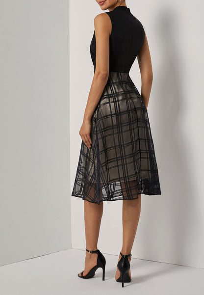 Black Organza Classic Crew Neck Sleeveless A-Line Midi Dress